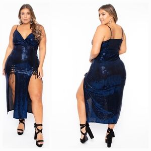 CurvySense Blue Sequin Melissa M Slit Dress Size 4XL NWT